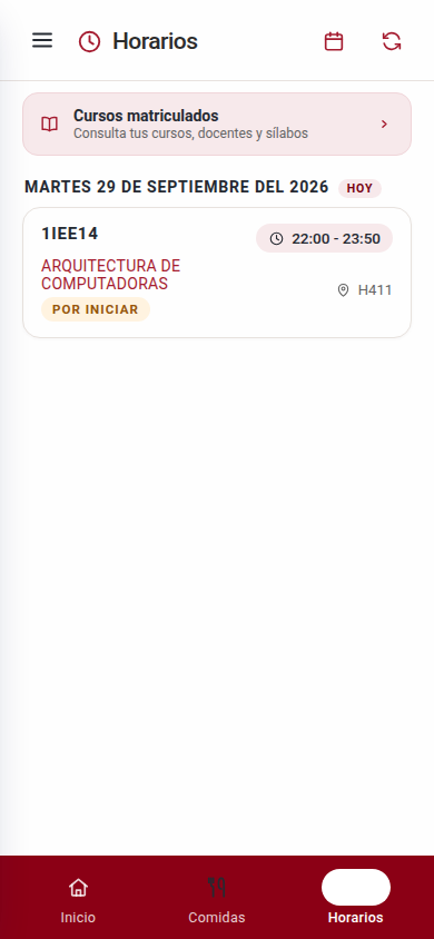 Pantalla de demostración de horarios con una próxima clase, su hora y aula